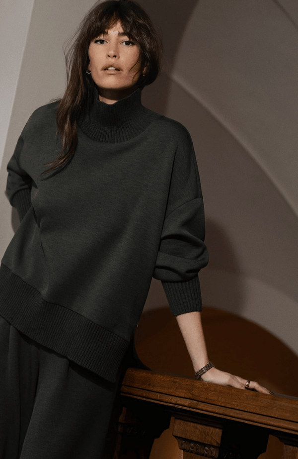 VARLEY BARKER HIGH NECK SWEAT in OLIVE MARL | FLOW BY NICOLE