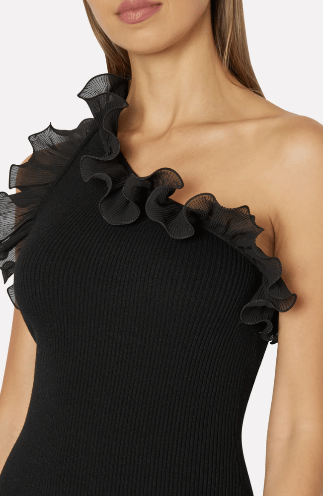 SCALLOP RUFFLE ONE SHOULDER DRESS BLACK-MILLY-FLOW by nicole