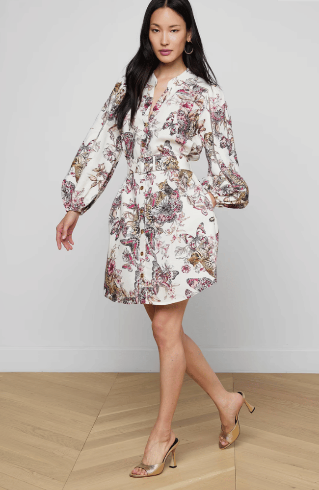 KIERSTEN DRESS in WHITE MULTI BUTTERFLY JUNGLE-L'AGENCE-FLOW BY NICOLE CANADA