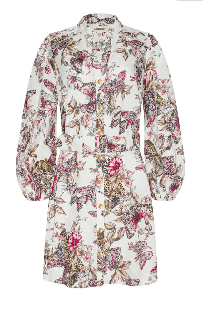 KIERSTEN DRESS in WHITE MULTI BUTTERFLY JUNGLE-L'AGENCE-FLOW BY NICOLE CANADA