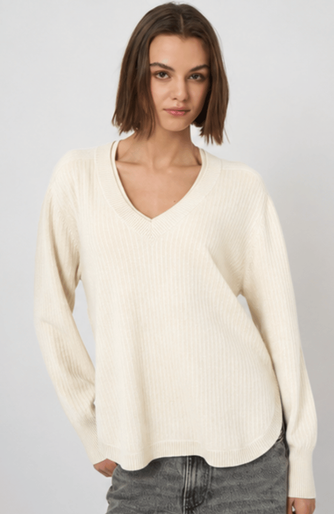 ORGANIC CASHMERE VNECK SWEATER in CREAM-REPEAT-FLOW BY NICOLE CANADA