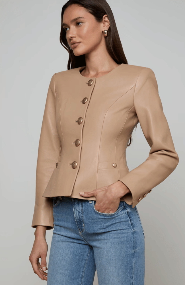 MARIELLA COLLARLESS LEATHER BLAZER in CAPPUCCINO-L'AGENCE-FLOW BY NICOLE CANADA