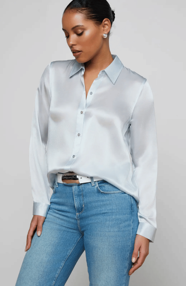 TYLER SILK BLOUSE in PALE MIST BLUE-L'AGENCE-FLOW BY NICOLE CANADA
