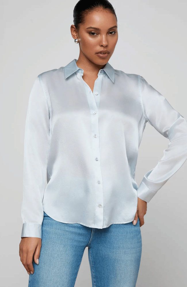 TYLER SILK BLOUSE in PALE MIST BLUE-L'AGENCE-FLOW BY NICOLE CANADA