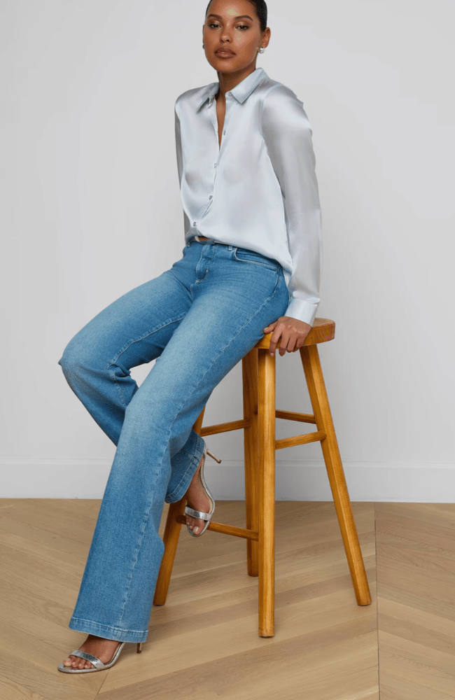 TYLER SILK BLOUSE in PALE MIST BLUE-L'AGENCE-FLOW BY NICOLE CANADA
