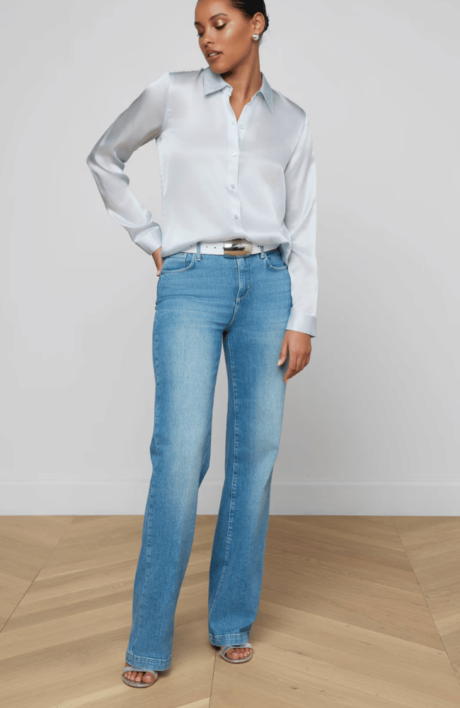 TYLER SILK BLOUSE in PALE MIST BLUE-L'AGENCE-FLOW BY NICOLE CANADA