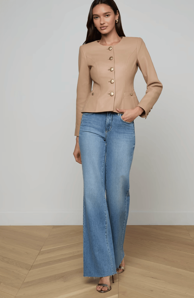 MARIELLA COLLARLESS LEATHER BLAZER in CAPPUCCINO-L'AGENCE-FLOW BY NICOLE CANADA