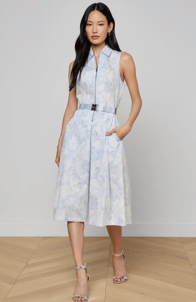 KYLO BELTED SHIRT DRESS in IVORY PALE MIST BLUE LACE-L'AGENCE-FLOW BY NICOLE CANADA