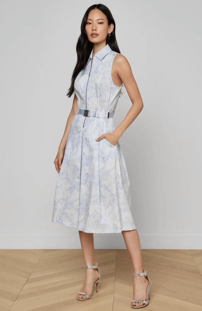 KYLO BELTED SHIRT DRESS in IVORY PALE MIST BLUE LACE-L'AGENCE-FLOW BY NICOLE CANADA