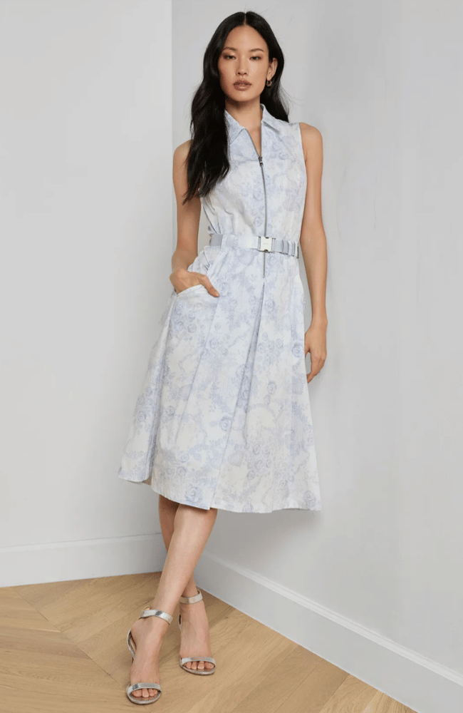 KYLO BELTED SHIRT DRESS in IVORY PALE MIST BLUE LACE-L'AGENCE-FLOW BY NICOLE CANADA
