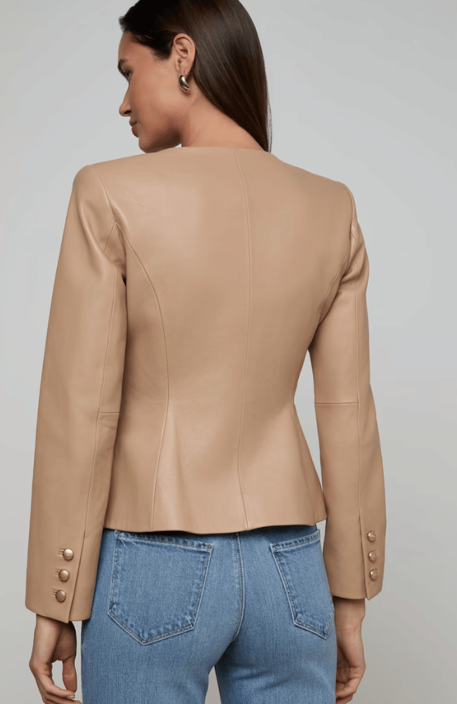 MARIELLA COLLARLESS LEATHER BLAZER in CAPPUCCINO-L'AGENCE-FLOW BY NICOLE CANADA