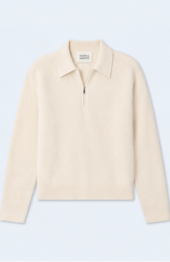 BRUSHED CASHMERE BLEND QUARTERZIP in IVORY-WHITE & WARREN-FLOW BY NICOLE CANADA