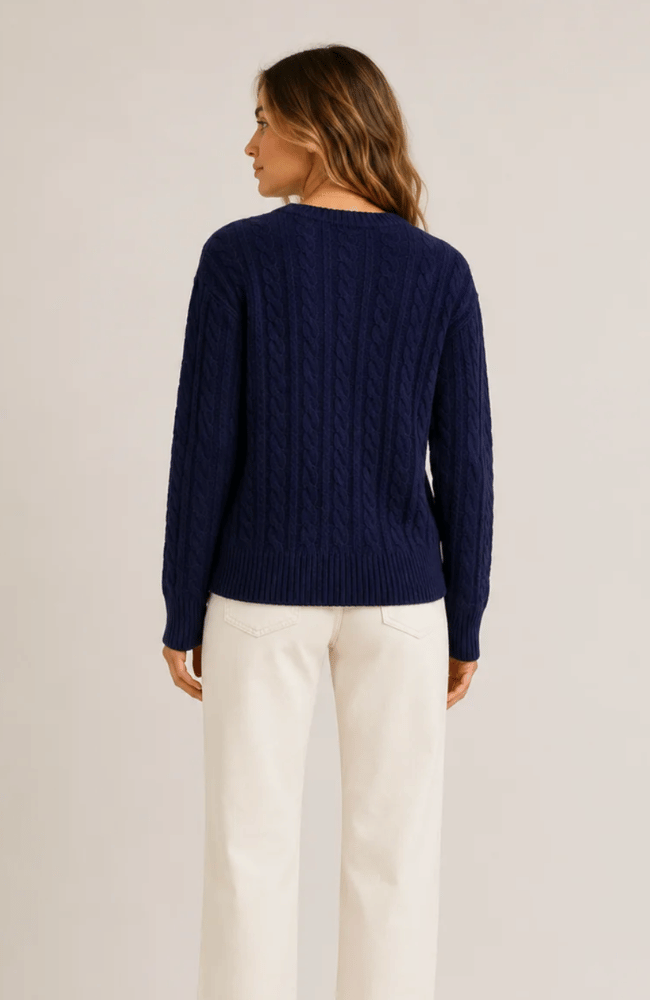 CASHMERE CABLE CREWNECK in NAVY-WHITE & WARREN-FLOW BY NICOLE CANADA