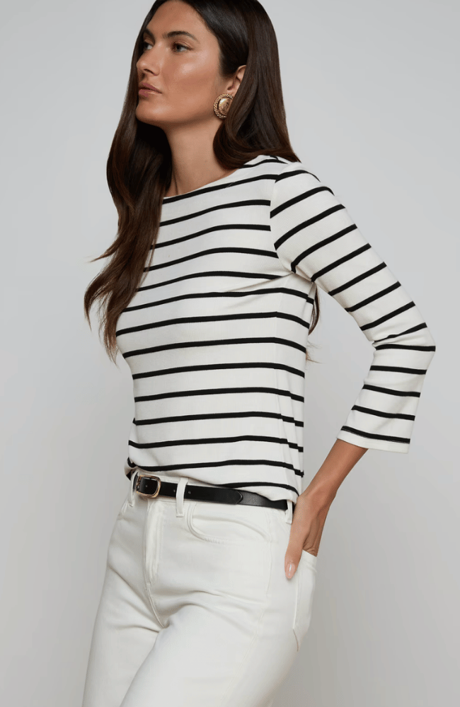 LUCILLE BOATNECK TOP in IVORY BLACK STRIPE-L'AGENCE-FLOW BY NICOLE CANADA