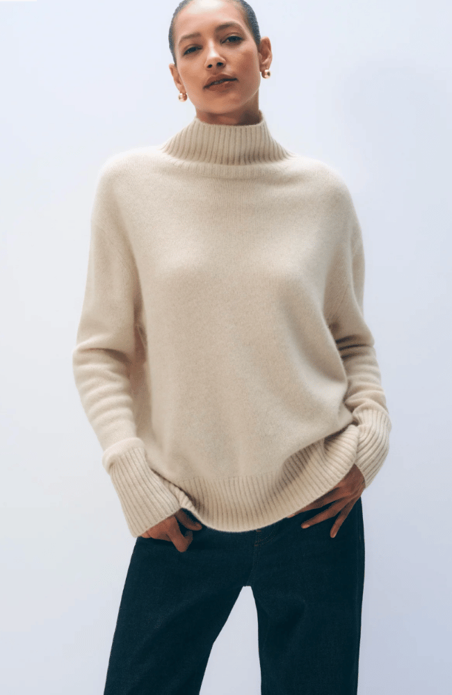 CASHMERE STANDNECK SWEATER in NATURAL HEATHER-WHITE & WARREN-FLOW BY NICOLE CANADA