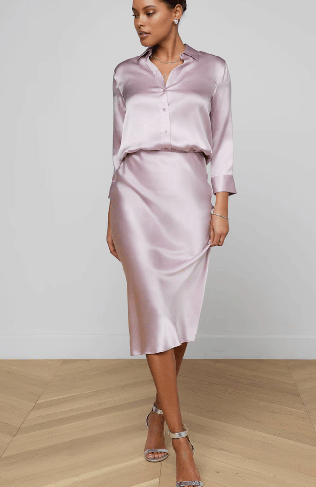 PERIN SILK BIAS MID LENGTH SKIRT in ICY LILAC-L'AGENCE-FLOW BY NICOLE CANADA