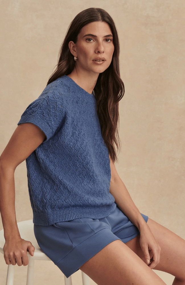 MANAE POINTELLE KNIT TOP in BIJOU BLUE-Varley-FLOW BY NICOLE CANADA