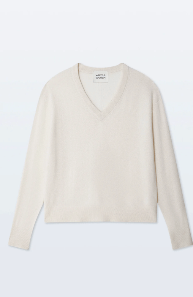 CASHMERE V NECK SWEATER in SOFT WHITE-WHITE & WARREN-FLOW BY NICOLE CANADA