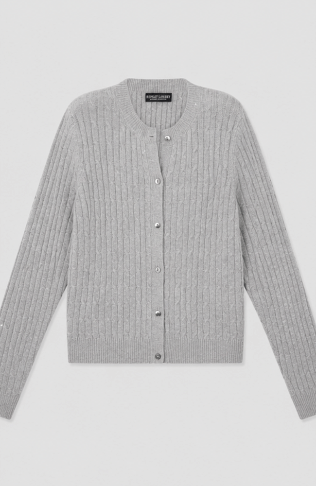 CASHMERE CABLE KNIT LUREX CARDIGAN in LIGHT GREY-REPEAT-FLOW BY NICOLE CANADA
