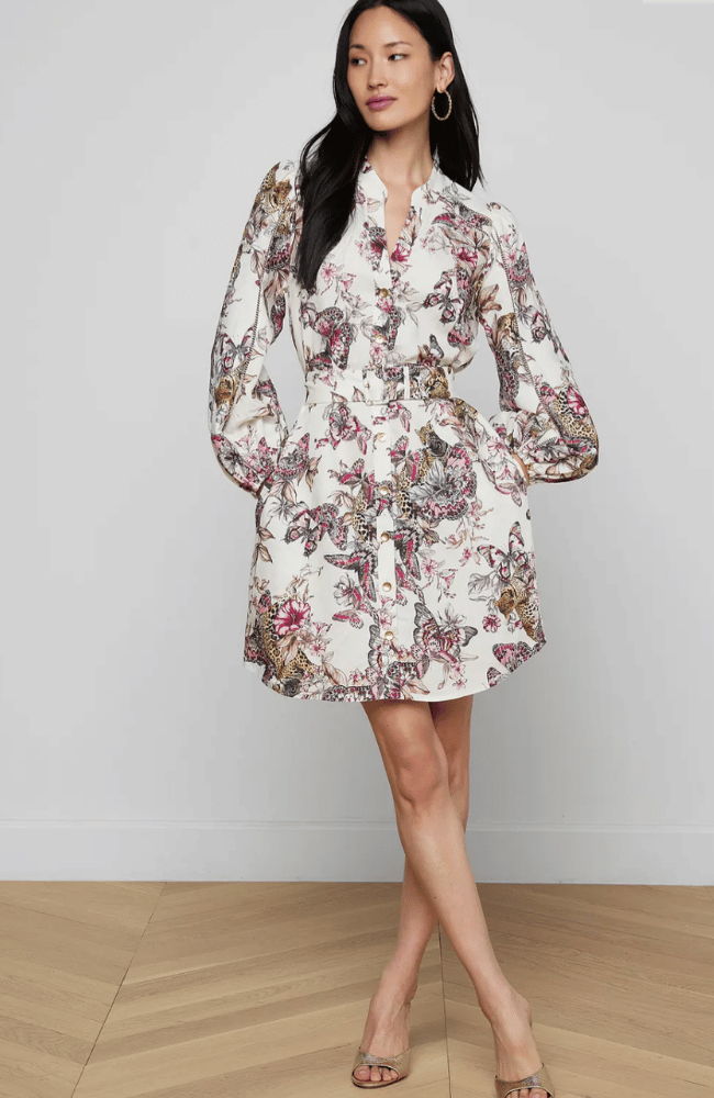 KIERSTEN DRESS in WHITE MULTI BUTTERFLY JUNGLE-L'AGENCE-FLOW BY NICOLE CANADA
