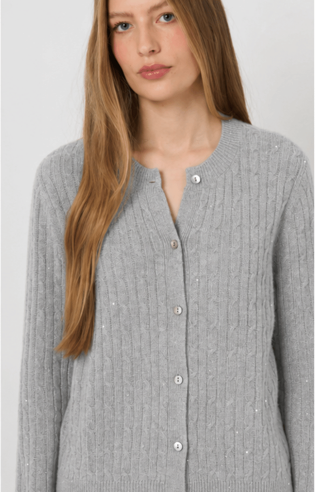 CASHMERE CABLE KNIT LUREX CARDIGAN in LIGHT GREY-REPEAT-FLOW BY NICOLE CANADA