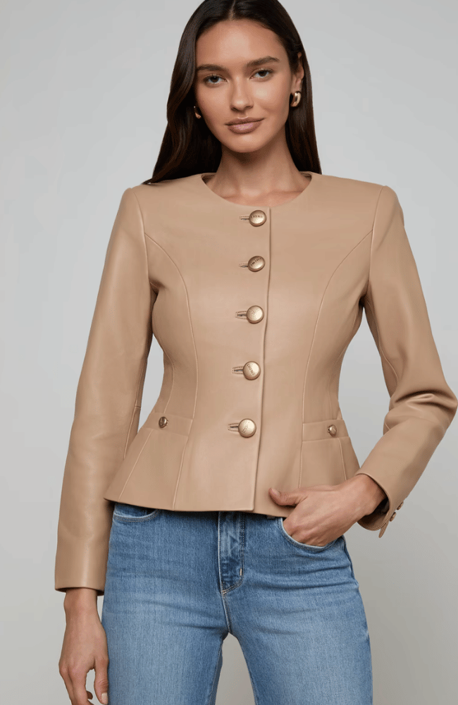 MARIELLA COLLARLESS LEATHER BLAZER in CAPPUCCINO-L'AGENCE-FLOW BY NICOLE CANADA
