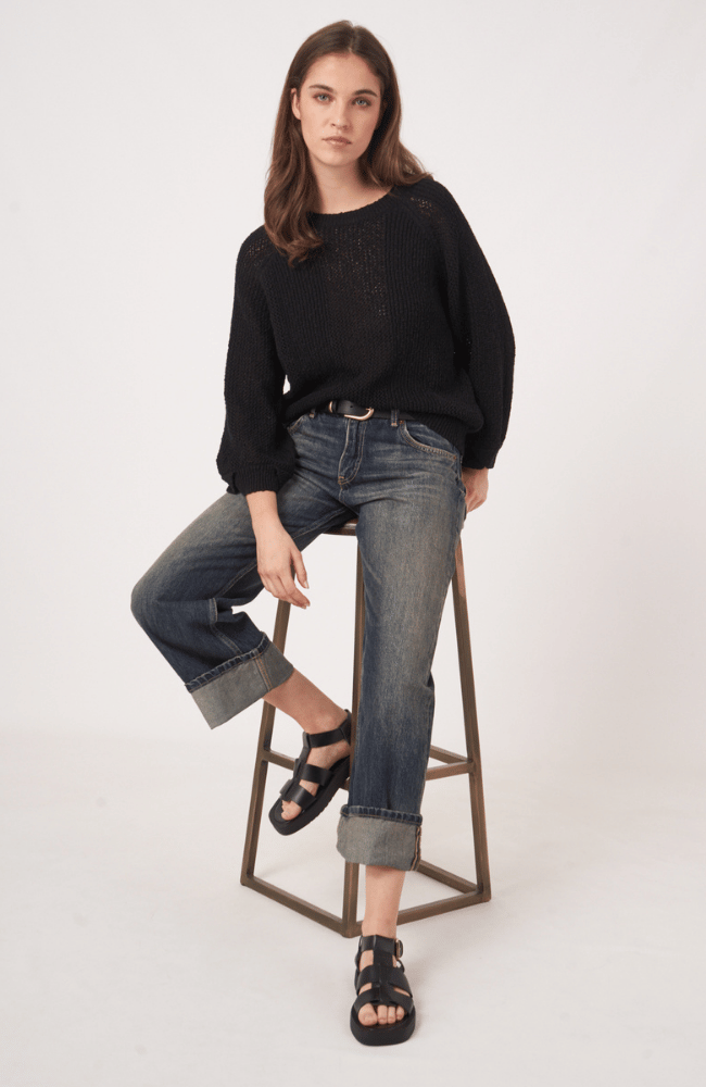 AJOUR COTTON KNITTED PULLOVER in BLACK-REPEAT-FLOW by nicole