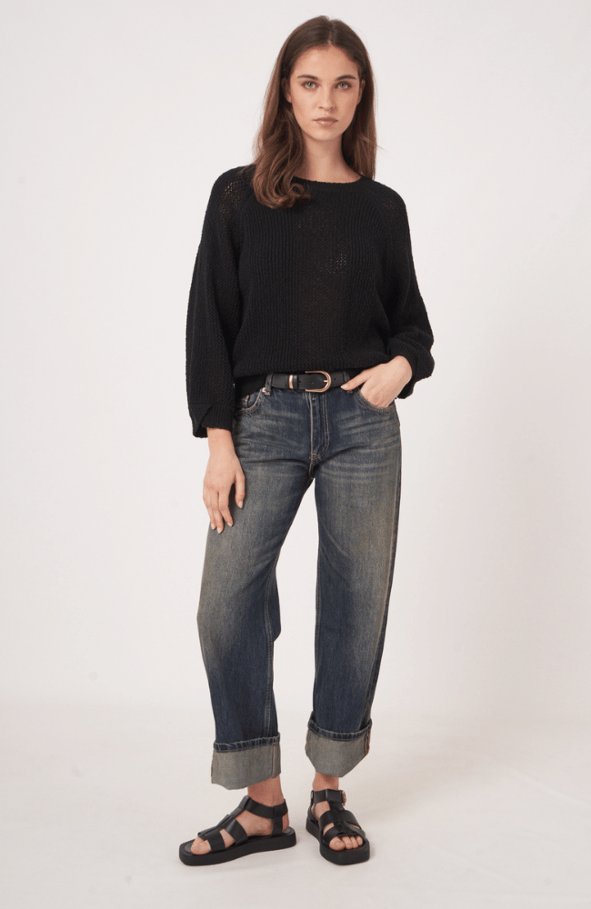 AJOUR COTTON KNITTED PULLOVER in BLACK-REPEAT-FLOW by nicole