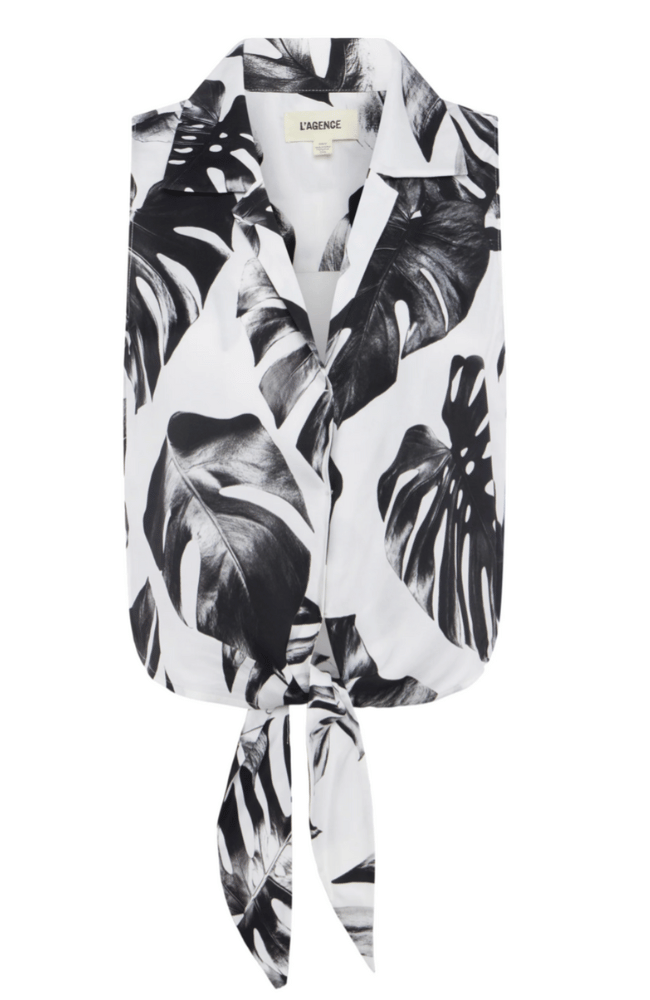 AMOS TIE FRONT BLOUSE in BLACK/WHITE PALM LEAVES-L&#39; AGENCE-FLOW by nicole