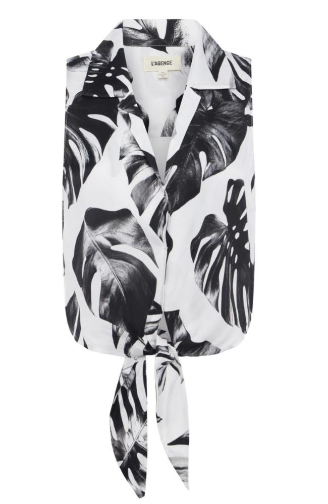 AMOS TIE FRONT BLOUSE in BLACK/WHITE PALM LEAVES-L' AGENCE-FLOW by nicole