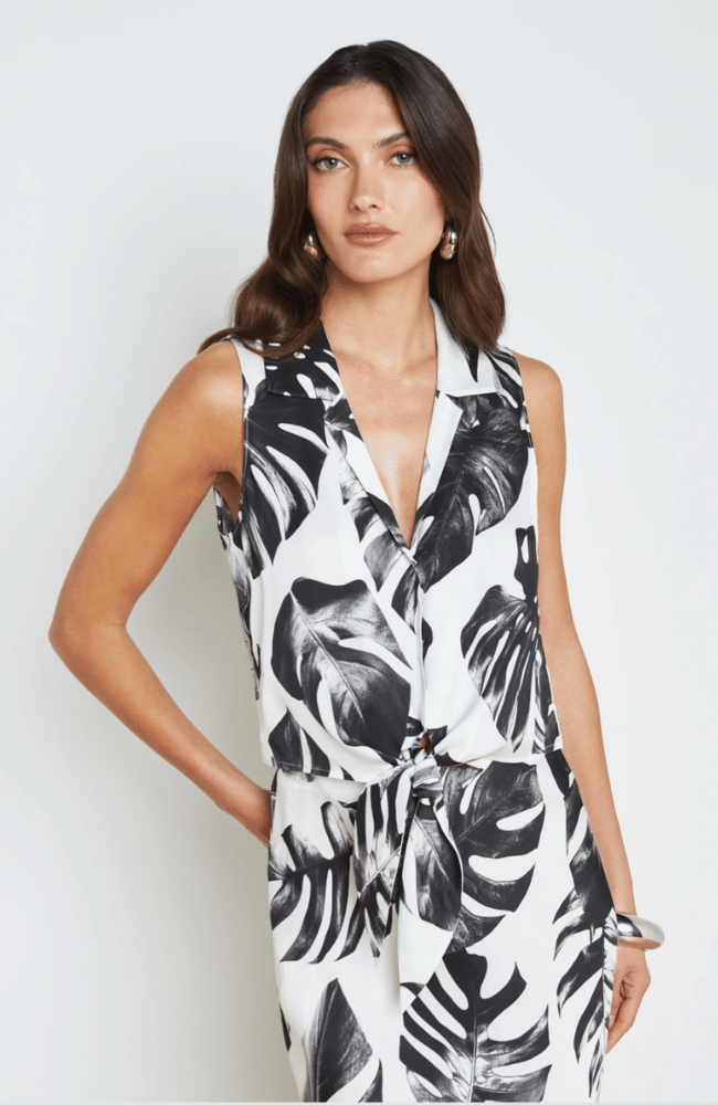 AMOS TIE FRONT BLOUSE in BLACK/WHITE PALM LEAVES-L&#39; AGENCE-FLOW by nicole