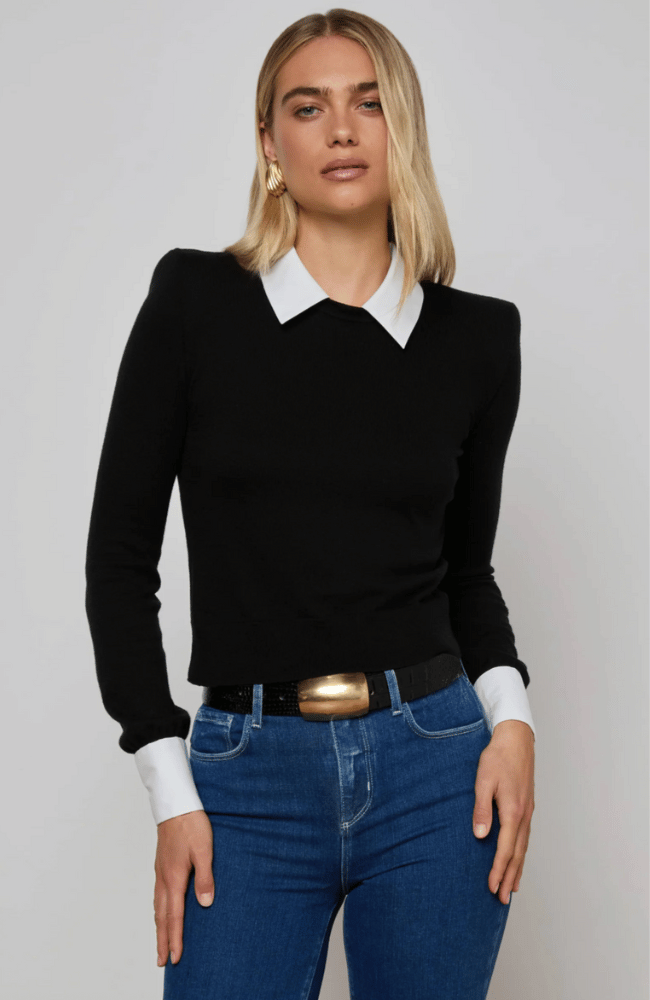 APRIL POPLIN COLLAR PULLOVER in BLACK/GOLD-L'AGENCE-FLOW by nicole