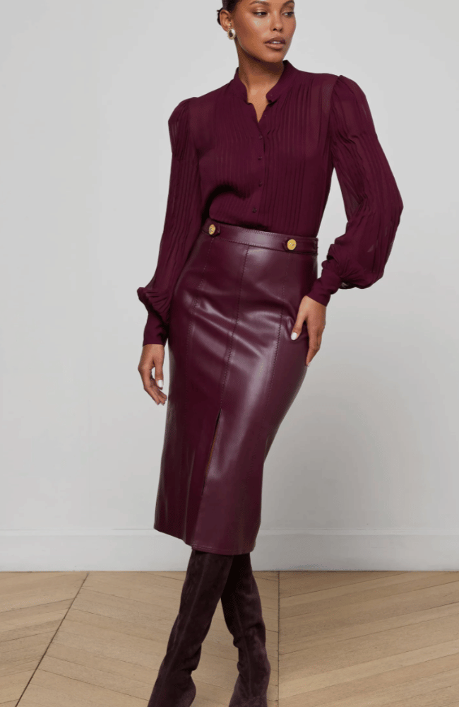 ARLETTE VEGAN LEATHER MIDI SKIRT in DARK PORT-L'AGENCE-FLOW by nicole