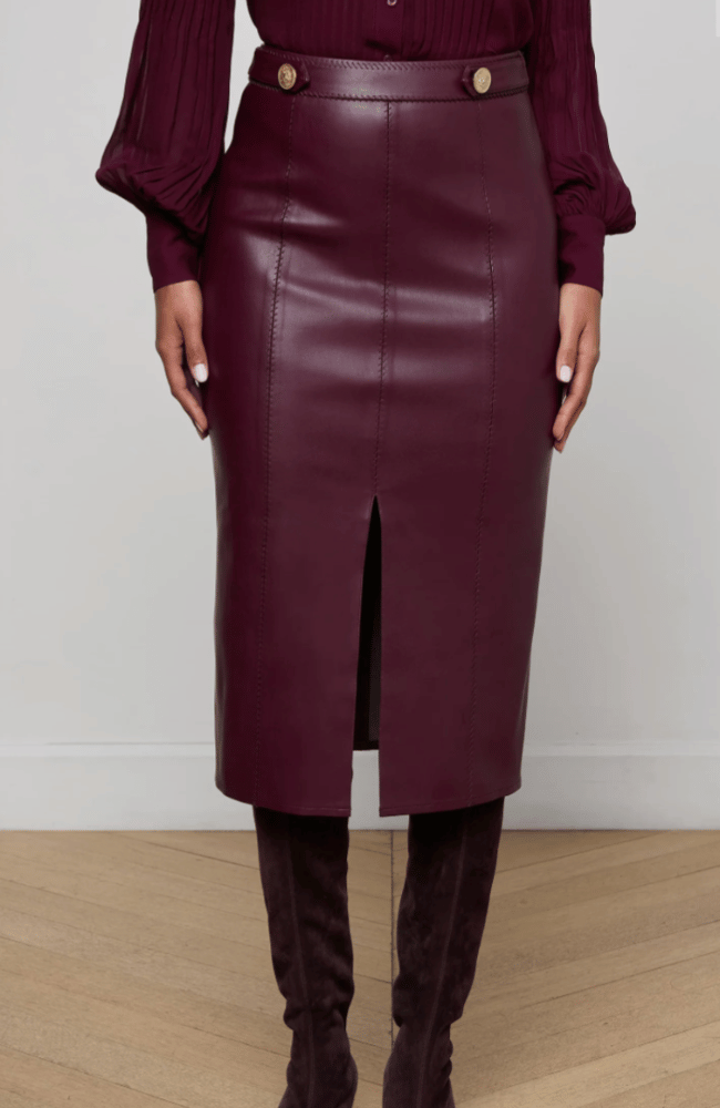 ARLETTE VEGAN LEATHER MIDI SKIRT in DARK PORT-L&#39;AGENCE-FLOW by nicole