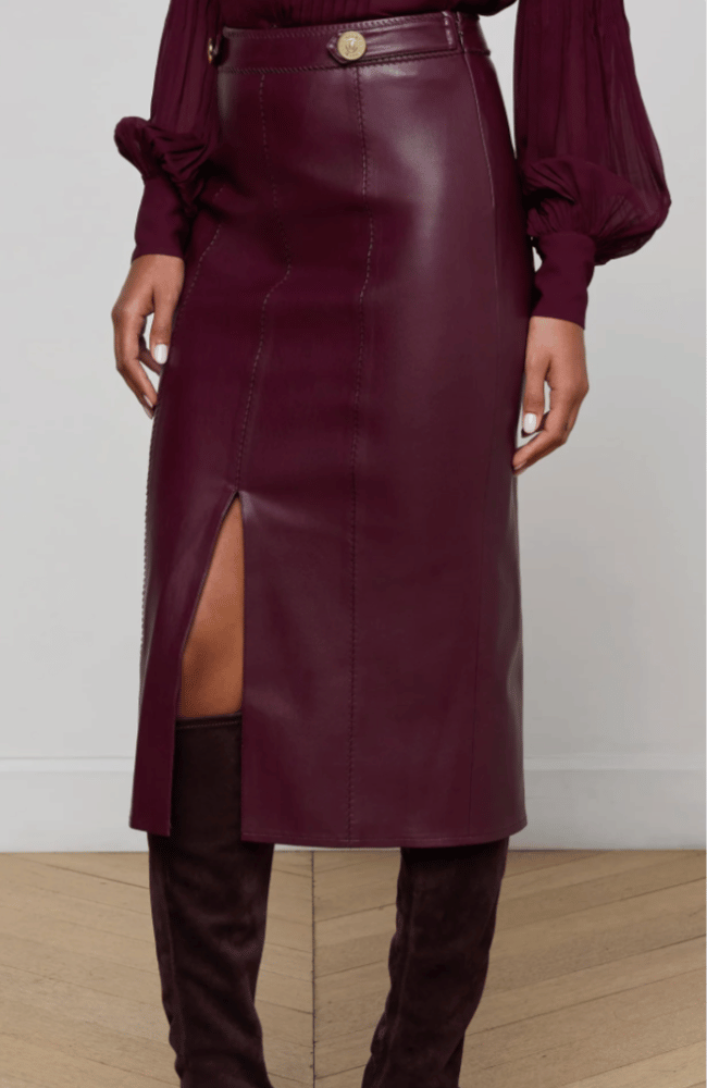 ARLETTE VEGAN LEATHER MIDI SKIRT in DARK PORT-L&#39;AGENCE-FLOW by nicole