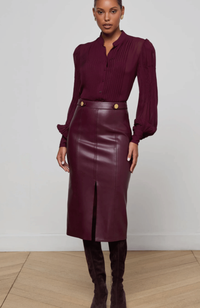 ARLETTE VEGAN LEATHER MIDI SKIRT in DARK PORT-L'AGENCE-FLOW by nicole