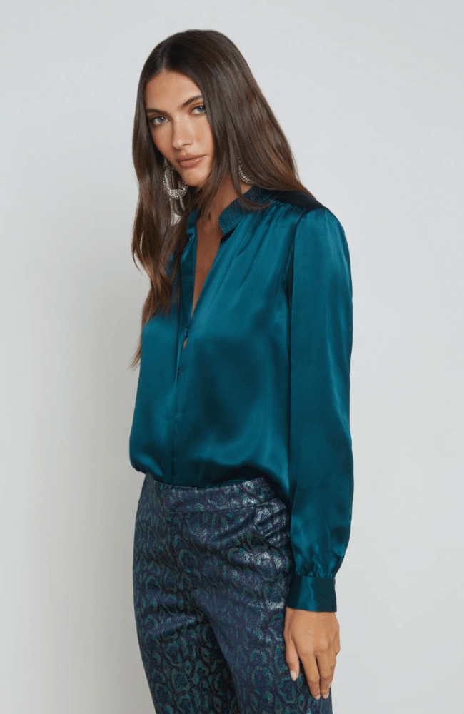 BIANCA LONG SLEEVE SILK BLOUSE in DEEP TEAL-L&#39; AGENCE-FLOW by nicole