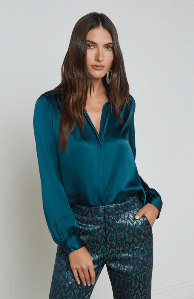 BIANCA LONG SLEEVE SILK BLOUSE in DEEP TEAL-L&#39; AGENCE-FLOW by nicole