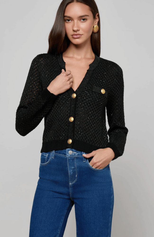 BLANCA SEQUIN CARDIGAN in BLACK GUNMETAL GOLD-L'AGENCE-FLOW by nicole