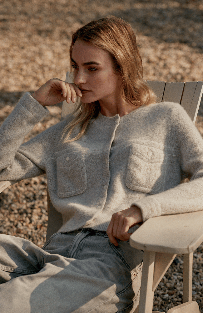 BUTTON CARDIGAN WITH CONTRAST STITCHING in HAZEL-REPEAT-FLOW by nicole