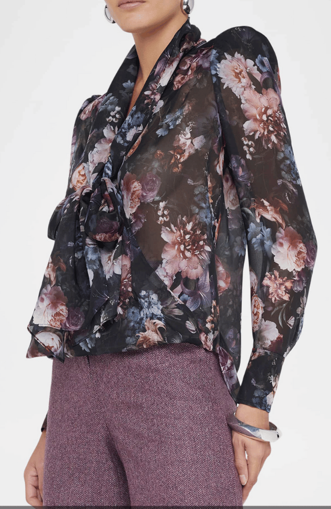 CAMBRIA TIE NECK BLOUSE - BLACK MULTI VINTAGE FLOWER-L&#39; AGENCE-FLOW by nicole