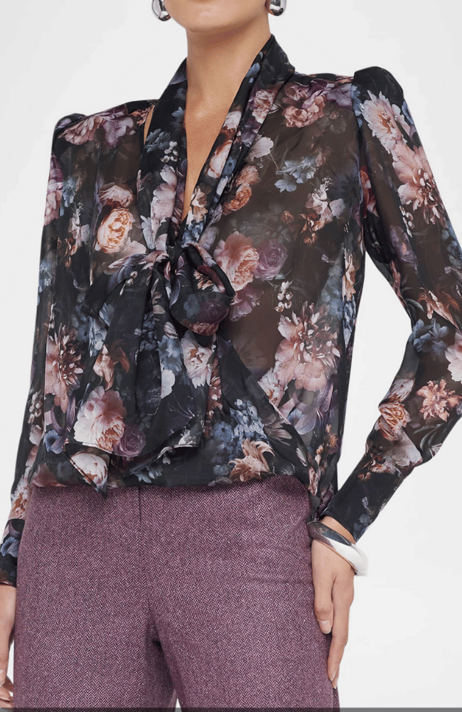 CAMBRIA TIE NECK BLOUSE - BLACK MULTI VINTAGE FLOWER-L&#39; AGENCE-FLOW by nicole