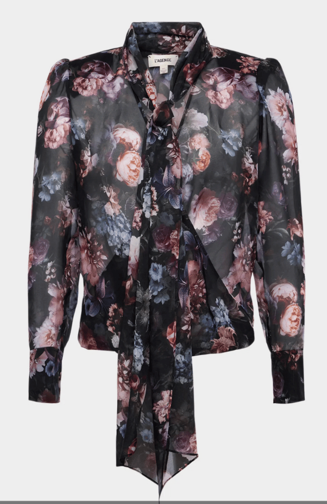 CAMBRIA TIE NECK BLOUSE - BLACK MULTI VINTAGE FLOWER-L'AGENCE-FLOW by nicole