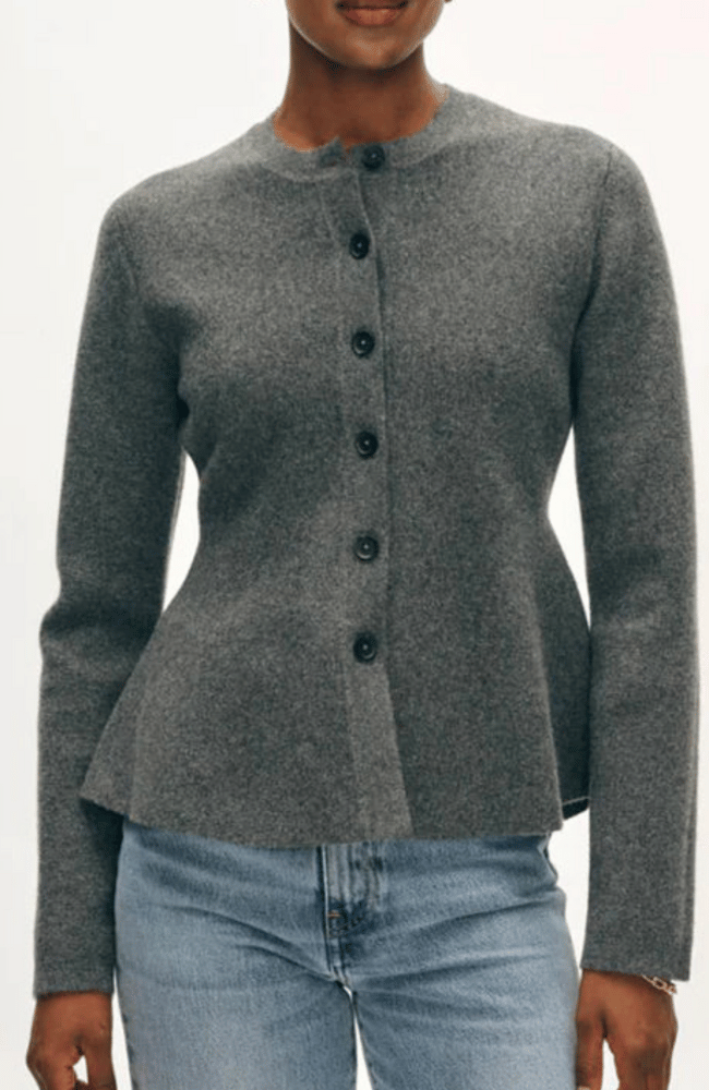 CASHMERE BLEND PEPLUM CARDIGAN in DARK GARANITE-WHITE and WARREN-FLOW by nicole