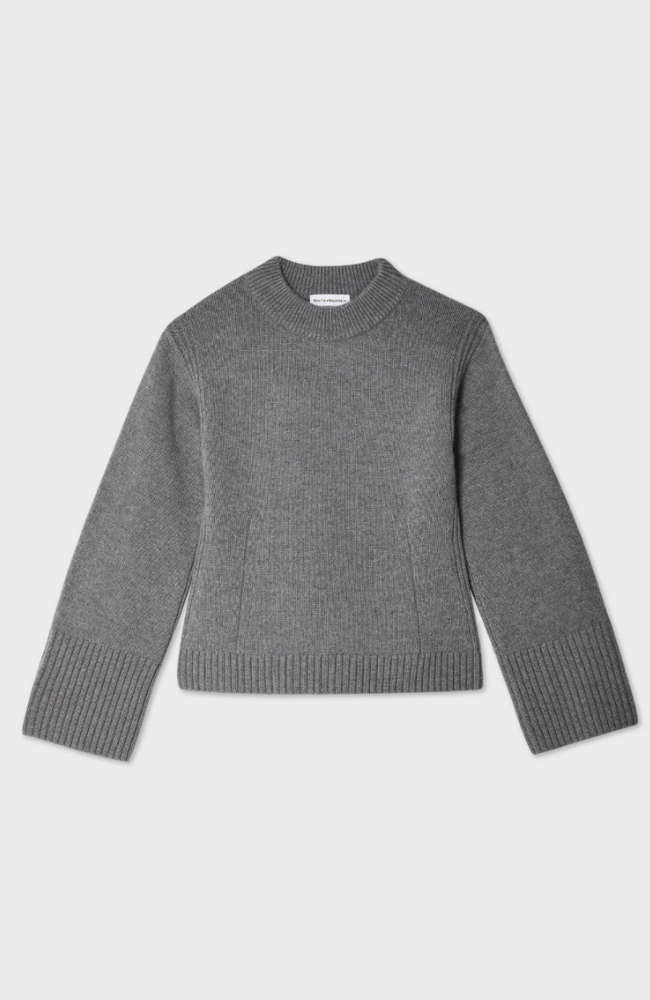 CASHMERE BLEND WAISTED CREWNECK - PEWTER HEATHER-WHITE + WARREN-FLOW by nicole