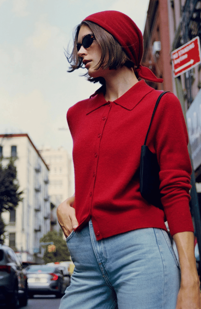 CASHMERE COLLARED CARDIGAN in FRENCH RED-WHITE and WARREN-FLOW by nicole