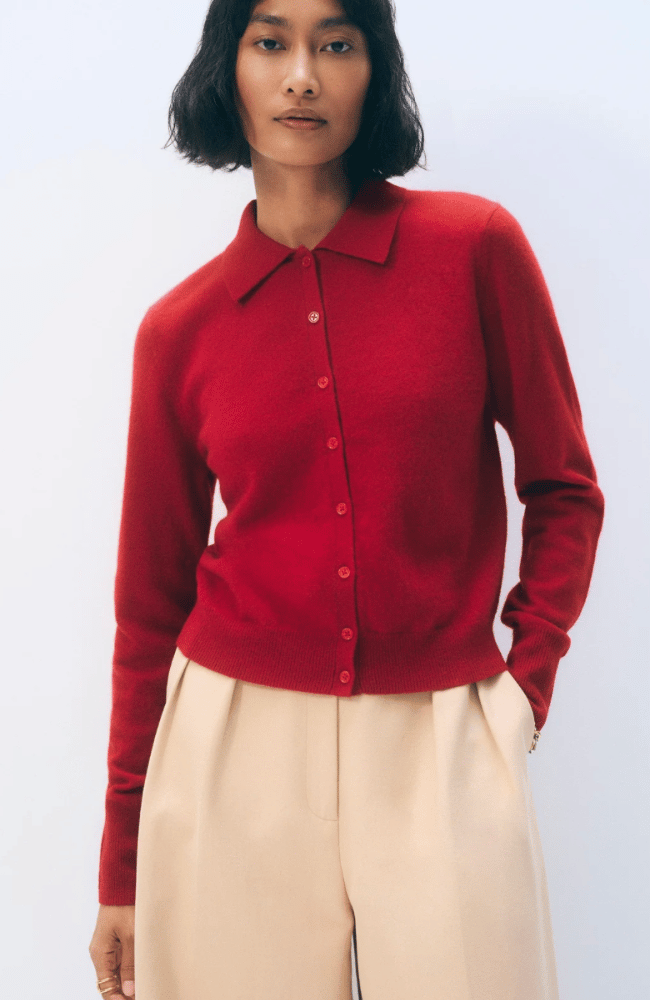 CASHMERE COLLARED CARDIGAN in FRENCH RED-WHITE and WARREN-FLOW by nicole
