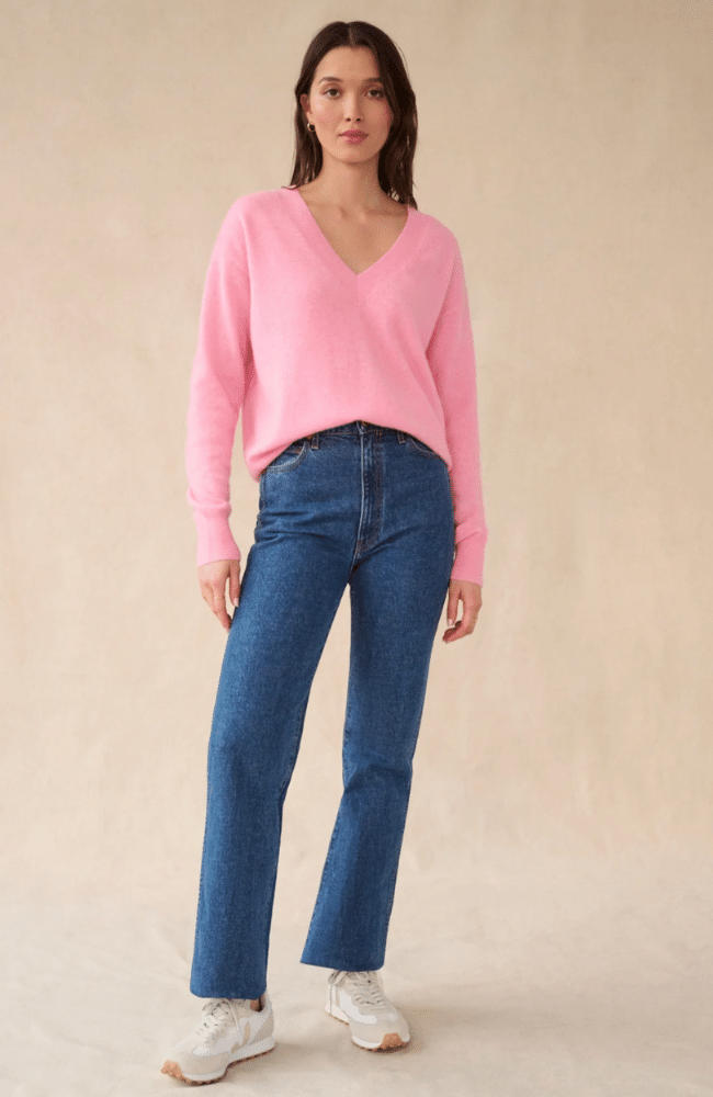 CASHMERE CORE V NECK SWEATER PINK BUDS-WHITE + WARREN-FLOW by nicole