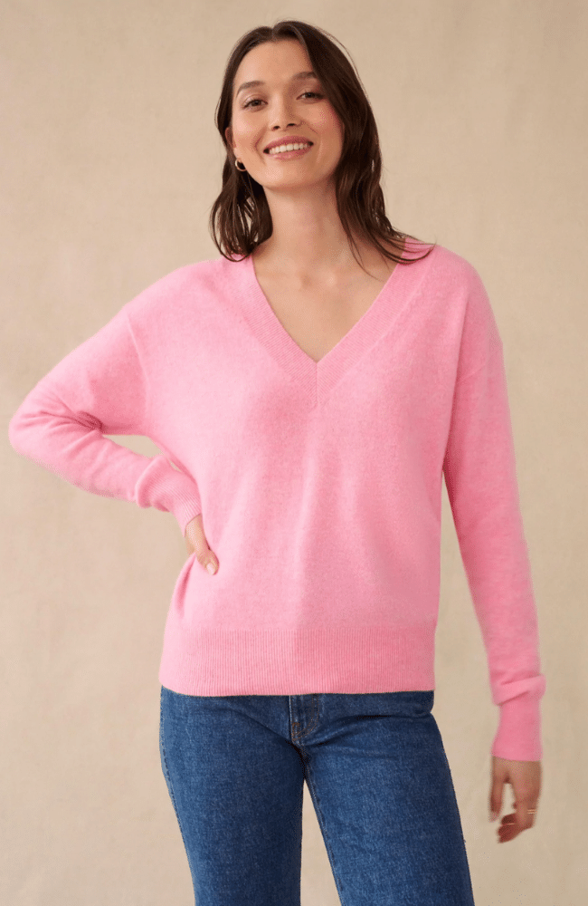 CASHMERE CORE V NECK SWEATER PINK BUDS-WHITE + WARREN-FLOW by nicole