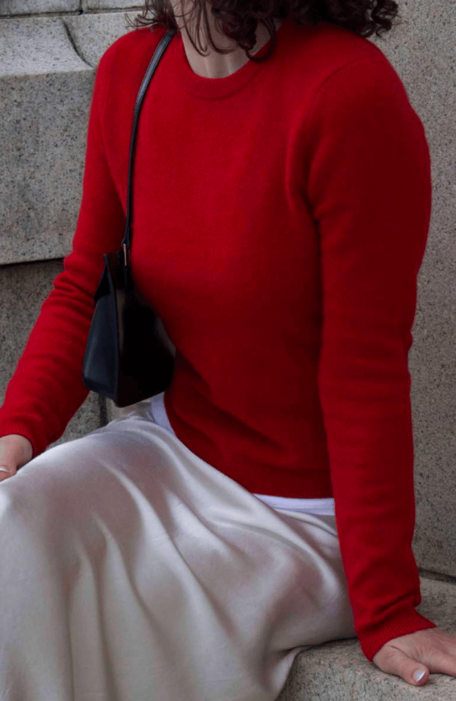 CASHMERE CREWNECK SWEATER in DEEP CRIMSON-WHITE and WARREN-FLOW by nicole